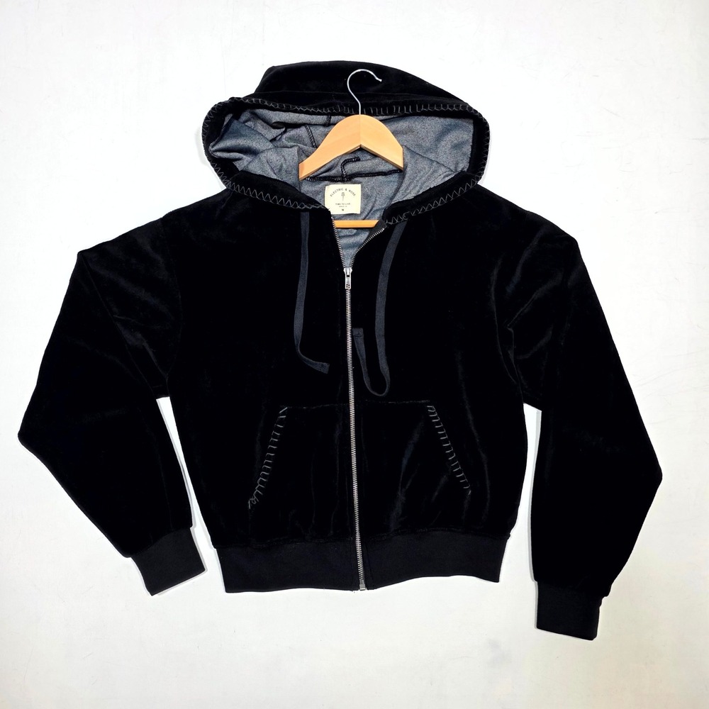 Electric & Rose‎ Hoodie Womens M Black Velvet Whipstitch Zip Up Sweatshirt USA